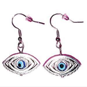 Blue Evil Eye Bead Center Stainless Steel Eye Charm Dangle Drop Silver Earrings